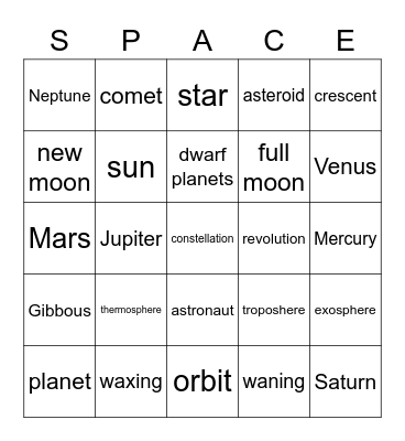 Solar System Bingo Card