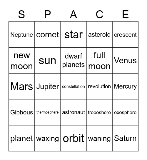 Solar System Bingo Card