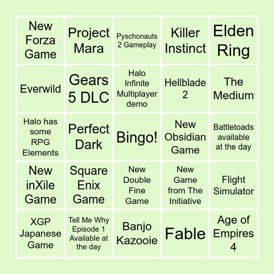 Xbox Main and Pre-Event Bingo Card