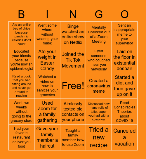 Social Distancing Bingo Card