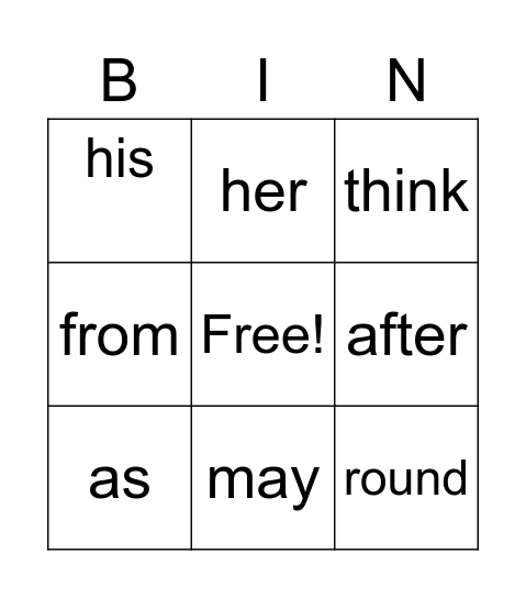 Sight Words Bingo Card