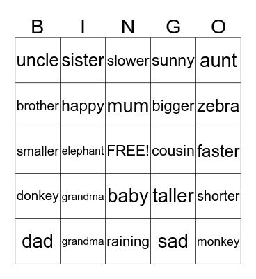 Mover Vocabulary Bingo Card