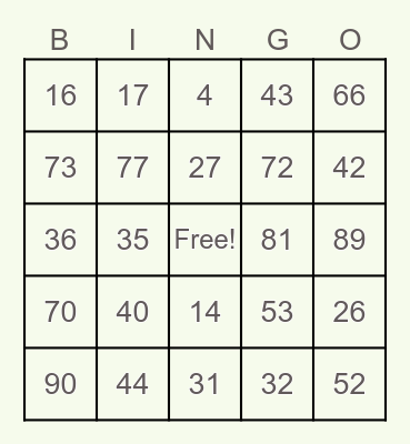 NUMBER BINGO Card
