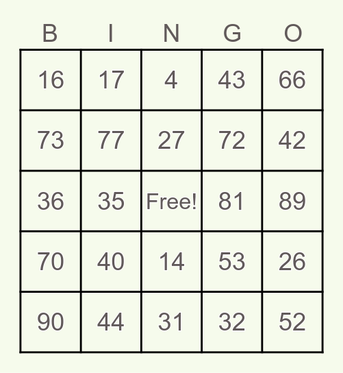 NUMBER BINGO Card