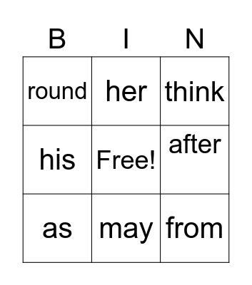 Sight Words Bingo Card