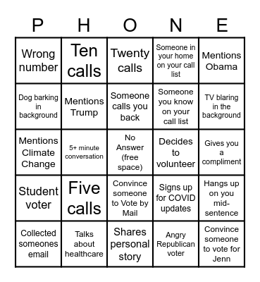 Phone Bank Bingo Card