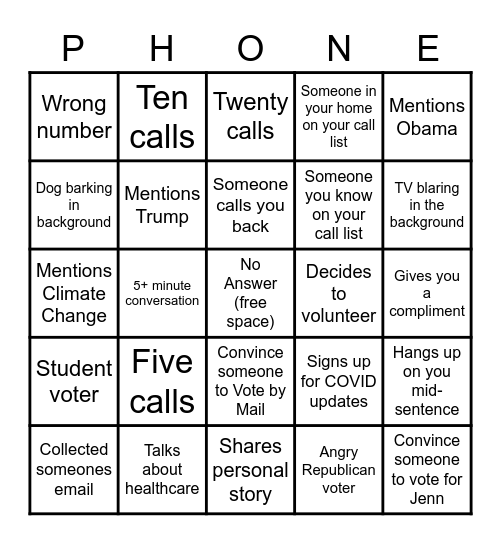 Phone Bank Bingo Card