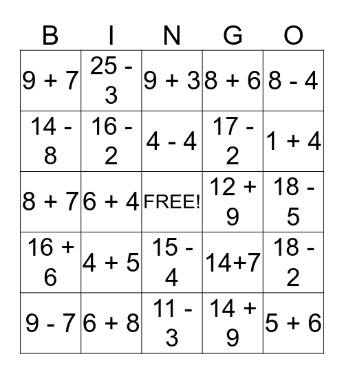 Subtraction and Addition Bingo Card