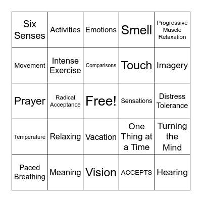 Distress Tolerance Bingo Card