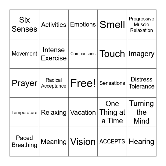 Distress Tolerance Bingo Card