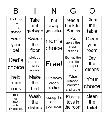 Home Chores BINGO Card