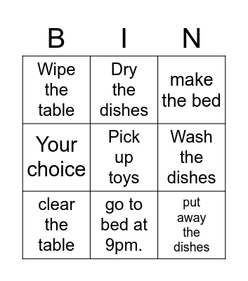 Home Chores BINGO Card