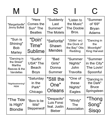 Summer Songs Bingo Card