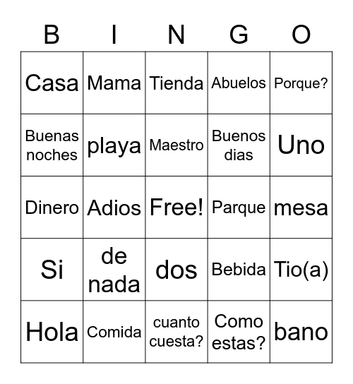 Hablas Espaniol? Bingo Card