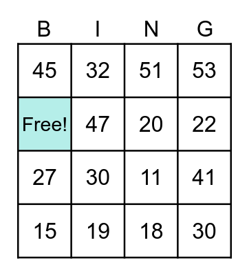 Number Bingo Card
