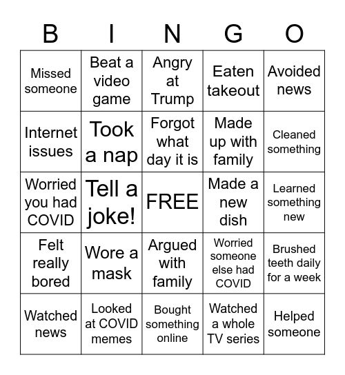 Family Quarantine Bingo Card