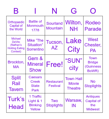 Hometown Bingo Card