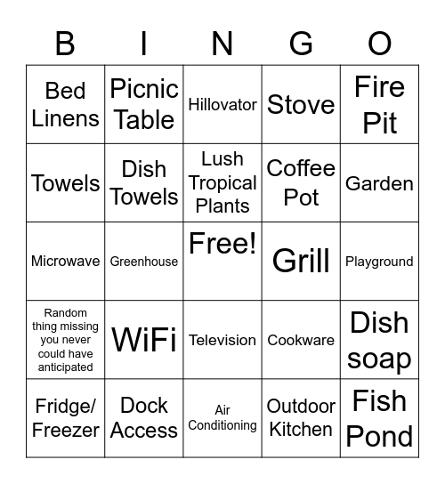 Lost Lodge Missing Amenities BINGO Card