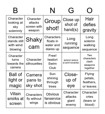 Anime Opening Bingo Card