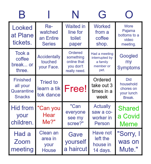 Quarantine ZOOM  Bingo Card