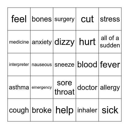 Medical Signs Bingo Card
