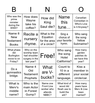 Tailgate Worship Gathering BINGO Card