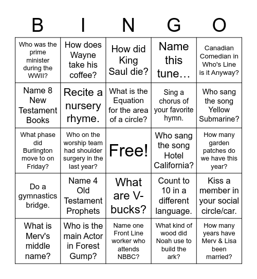 Tailgate Worship Gathering BINGO Card