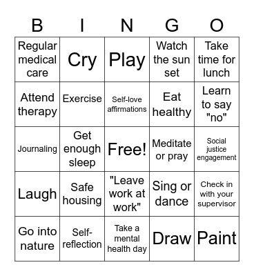 Self-Care Bingo Card