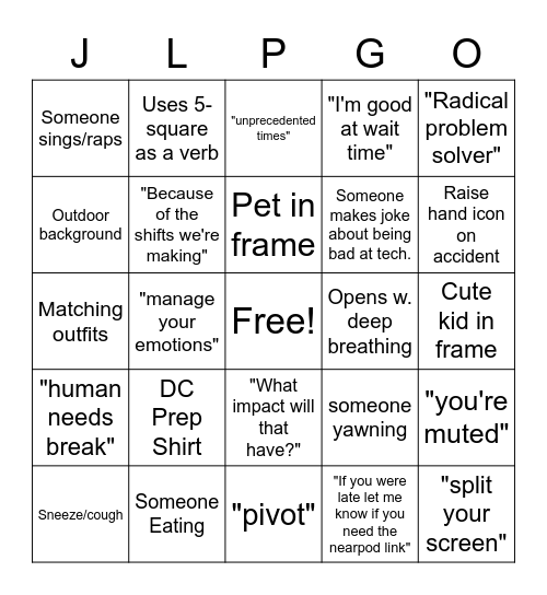 JLP Bingo Card