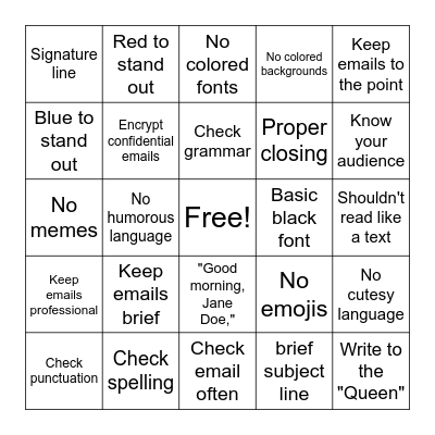 Email Etiquette Bingo Card