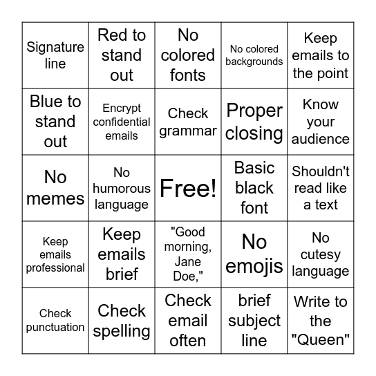 Email Etiquette Bingo Card