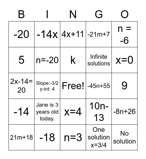 Algebra 1 Welcome Bingo Card