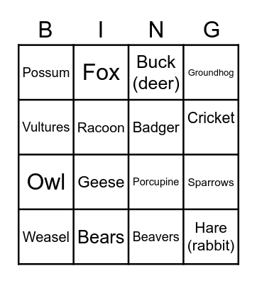 Animals of Wild Robot Bingo Card