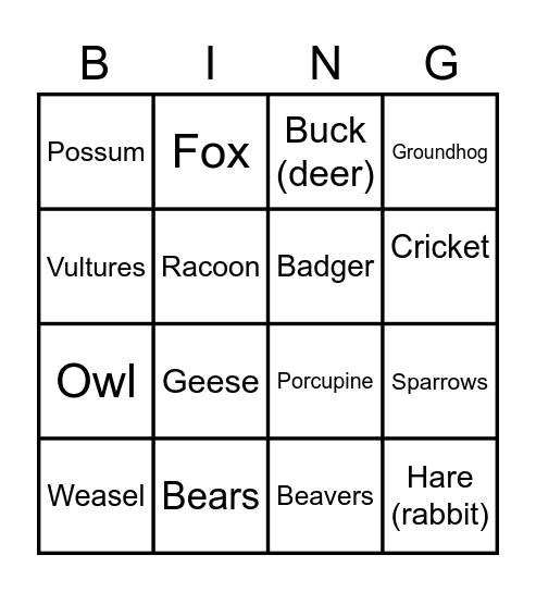 Animals of Wild Robot Bingo Card