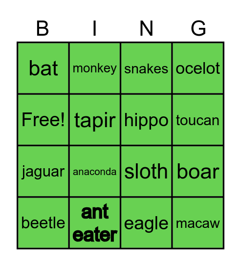 Jungle Bingo! Bingo Card