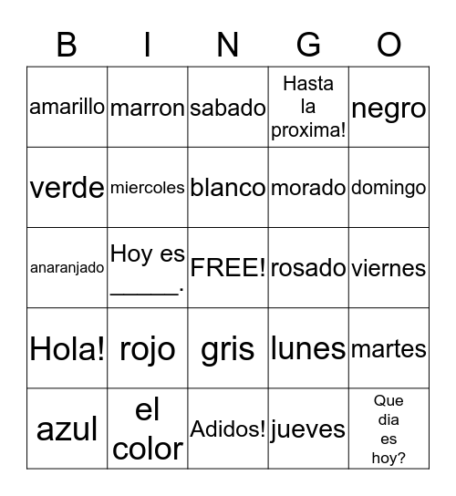 Colors and Days of the Week Bingo Card