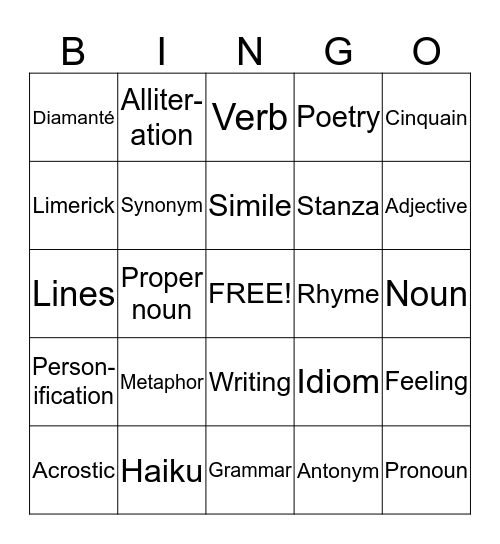 Poetry and Grammar Bingo Card