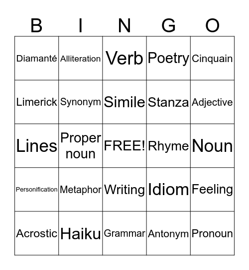 Poetry and Grammar Bingo Card