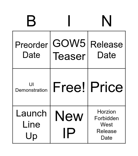 PS5 STATE OF PLAY Bingo Card