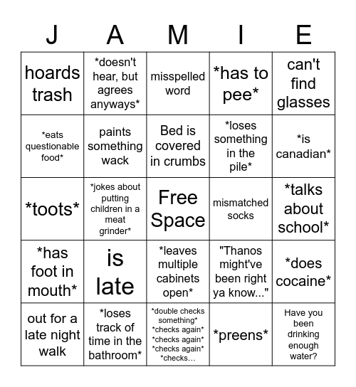 Jamie Bingo Card