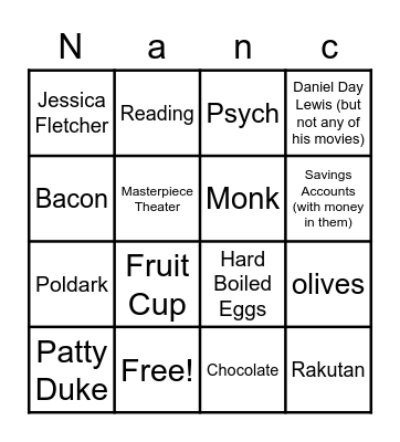 Nancy's Favorite Things Bingo Card