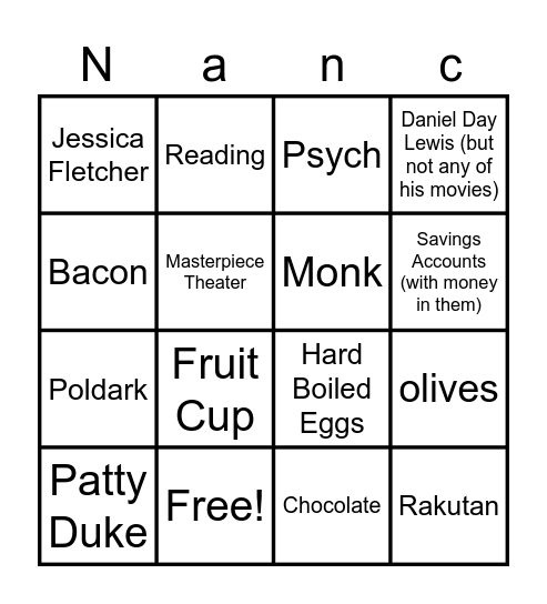 Nancy's Favorite Things Bingo Card