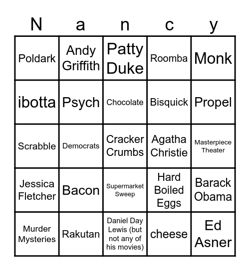 Nancy's Favorite Things Bingo Card