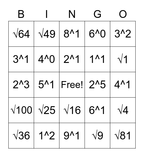 Exponents & Square Roots Bingo Card