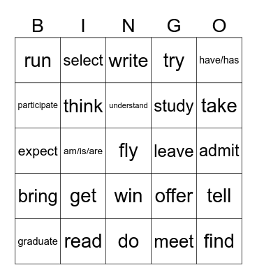 Presn vs past Verbs Bingo Card