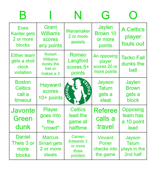 Celtics Bingo For Babe Bingo Card