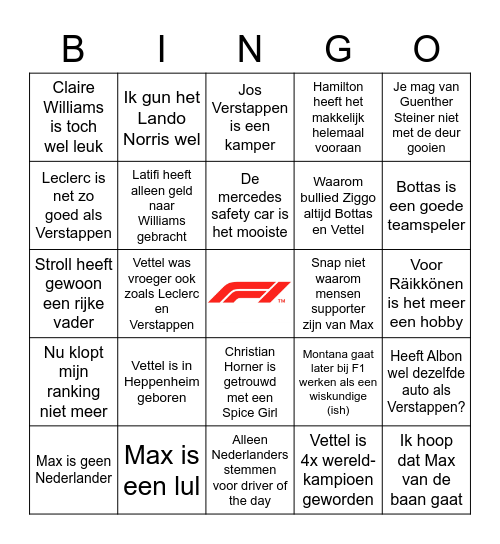 Bingokaart Formule 1 Lat Bingo Card