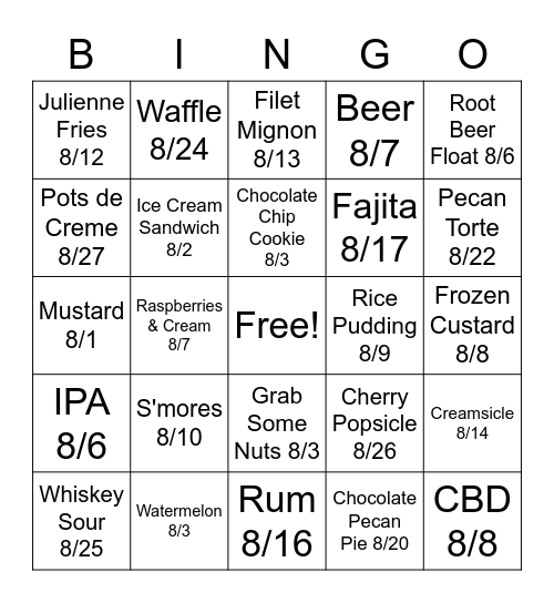 National ???? Day - August food Bingo Card