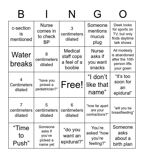 Maternity Ward Bingo Card