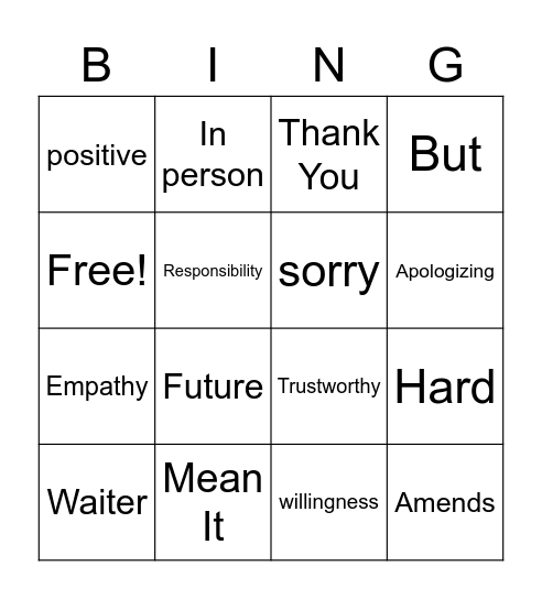 Apologies Bingo Card